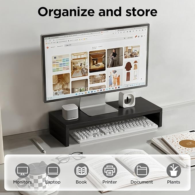 Monitor Stand Riser, Desktop Stand for PC/Laptop/Printer, Wood Monitor Riser with Storage, Computer Stand Keyboard Organizer, Black, 15.7 Inch