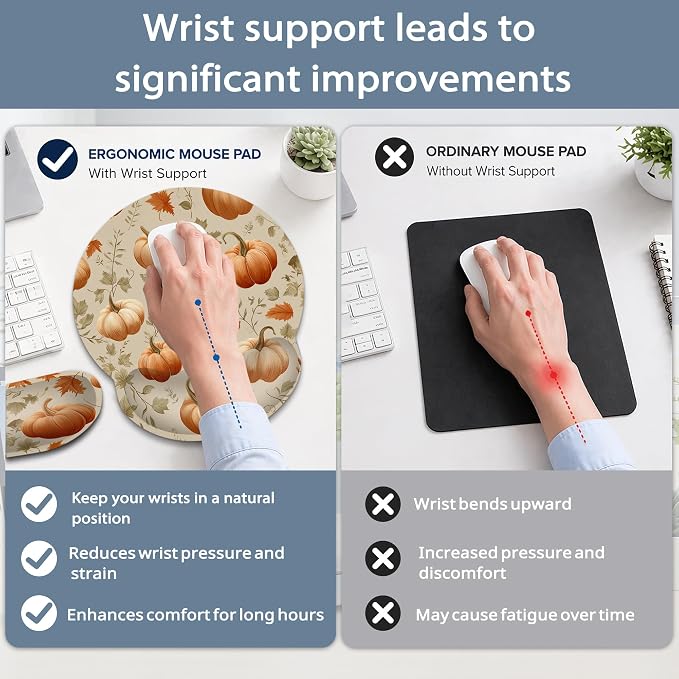 Pumpkin Wrist Rest Support for Mouse Pad Keyboard Set, Autumn Maple Leaves Mouse Pad with Non Slip Rubber Base for Home and Office Typing Support
