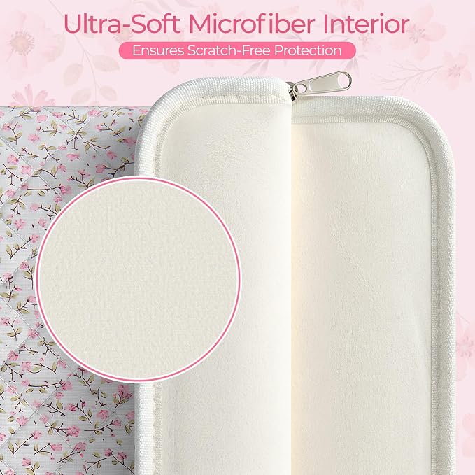 13-14 inch Cotton Quilted Laptop Sleeve for Women, Aesthetic Puffy Laptop Case Carrying Bag Compatible with MacBook Air/Pro 13/Pro 14, Soft Computer Liner Bag (Pink Floral, 13.3 inch)