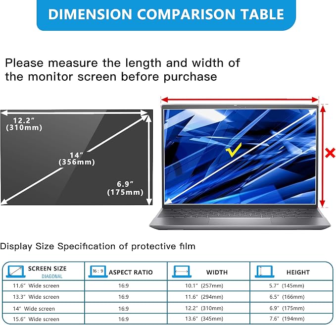 Laptop Privacy Screen 14 in, FILMEXT Privacy Protection Filter for Laptop 14"Asus/ 14"Acer/14"HP/14"Dell/14"Toshiba 16:9, Anti-Spy,Anti-Glare,Blocks 99% UV & Blue Light -Matte Privacy Screen Protector