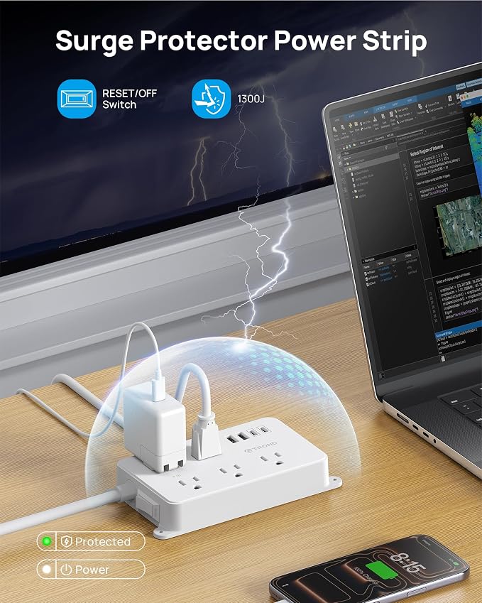 TROND 360° Rotating Power Strip, 5 Widely-Spaced Outlets with 2 USB A and 2 USB C, ETL Listed, 1300J Surge Protector, Wall Mountable, Flat Plug 5ft Extension Cord, for Home Office, Under Desk, White