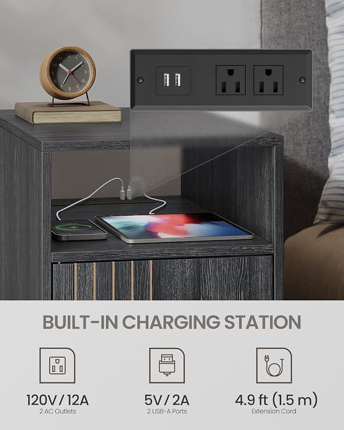 VASAGLE MAEZO Collection - End Table with Charging Station, Narrow Side Table, Nightstand with Tapered Legs, Curved Transitions, for Small Spaces, Living Room, Bedroom, Charcoal Gray ULET329B101S