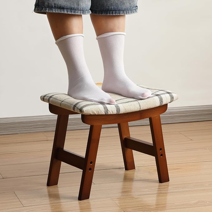 BAMBOO LAND- Bamboo Foot Stools Ottoman, Beige Cushion & Brown Wood Legs, Small Ottoman Foot Rest for Couch