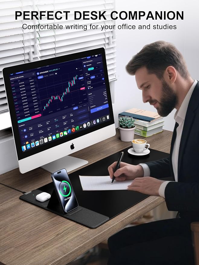 Wireless Charging Mouse Pad with Foldable Phone Holder, 31.5" x 15.8" XXL Large Desk Pad, Gaming Mousepad with Ultra-Smooth Surface, Non-Slip Base, Black Waterproof Desk Mat, with 20W PD Charging Kit