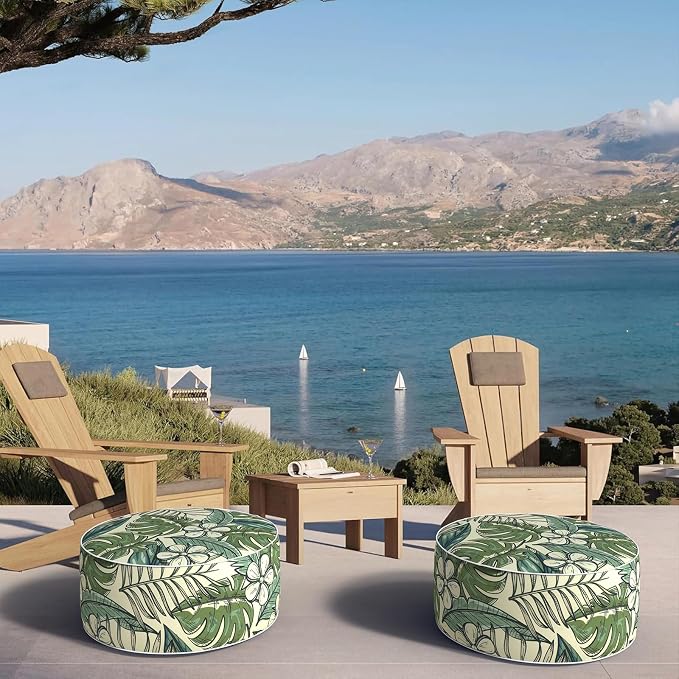 DYTXIII Inflatable Ottoman Stool D21 xH9 for Outdoor/Indoor Use, Water Repellent Patio Foot Rest with Portable Handle,Round Pouf Ottoman Suitable for Garden,Deck and Camping-Tropical Paradise