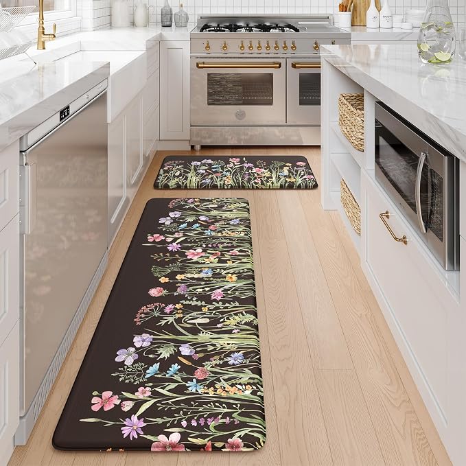 KIMODE Anti Fatigue Mats for Kitchen Floor 17"x47"+17"x29", Farmhouse Floral Kitchen Rugs Sets of 2, Cushioned Kitchen Floor Mats, Non Slip Standing Mat for Sink, Laundry, Office, Desk Black