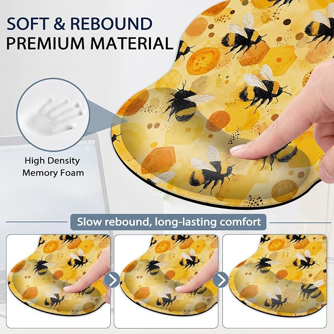 Ergonomic Keyboard and Mouse Wrist Rest Set, Cute Bee Mouse Pad with Non Slip Base, Soft Cloth Surface for Office and Home Typing Support