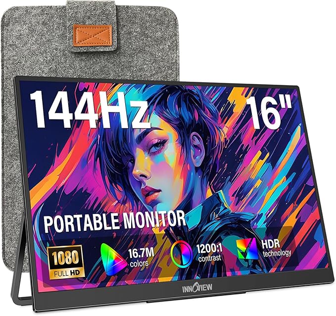 InnoView 16" Portable Monitor 144Hz Portable Gaming Monitor with Protective Sleeve, 1200P FHD External Monitor, Lightweight, Extra Second Screen for Laptop, PS5, Mac, Xbox (Not Includes Adapter)