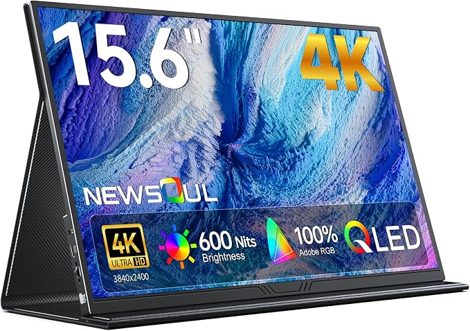 Newsoul 15.6" 4K QLED Portable Monitor, UHD 3840x2400 600 Nits 100% AdobeRGB, USB-C HDMI HDR FreeSync, Second Screen for Laptop MacBook PC Game Consoles, VESA Mountable Travel Monitor with Speakers