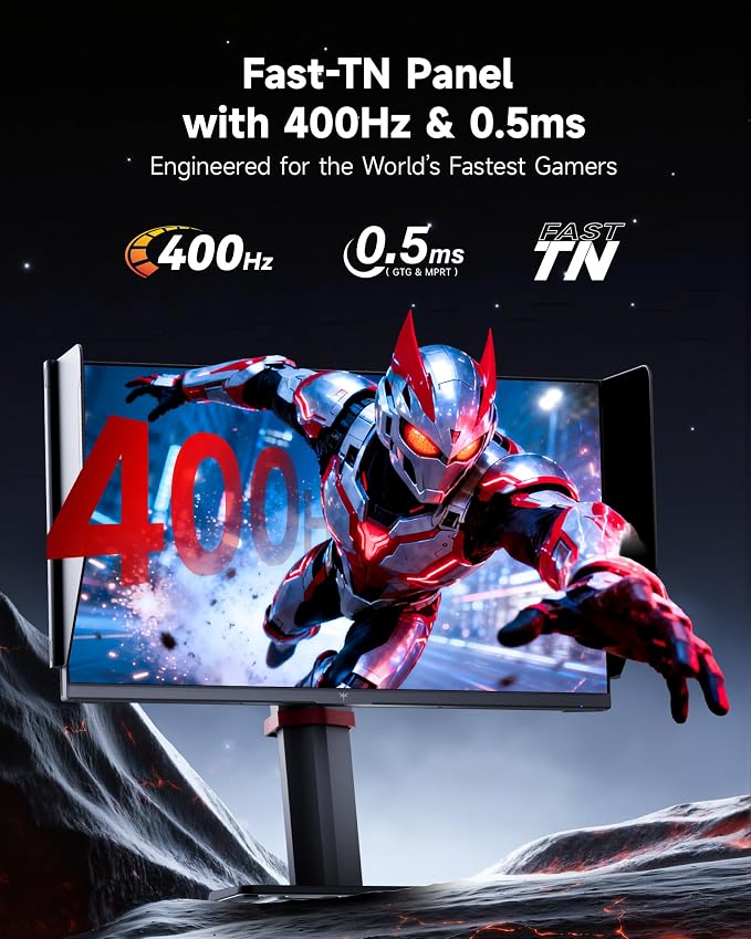 KTC 25M1 400Hz Gaming Monitor, Fast TN 24.1 Inch FHD PC Monitor 240Hz, 0.5ms GTG, Adaptive Sync, DAC, Vertical Monitors with Shielding Hood, HDMI DP Port, Tilt Swivel Pivot Height Adjustment, VESA