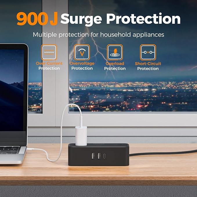 TESSAN Flat Plug Extension Cord 10 FT, Surge Protector Power Strip with 4 AC Outlets 1 USB C and 2 USB A Ports, 900 Joules Protection, Multiple Wall Outlet Extender Suitable for Office Dorm, Black