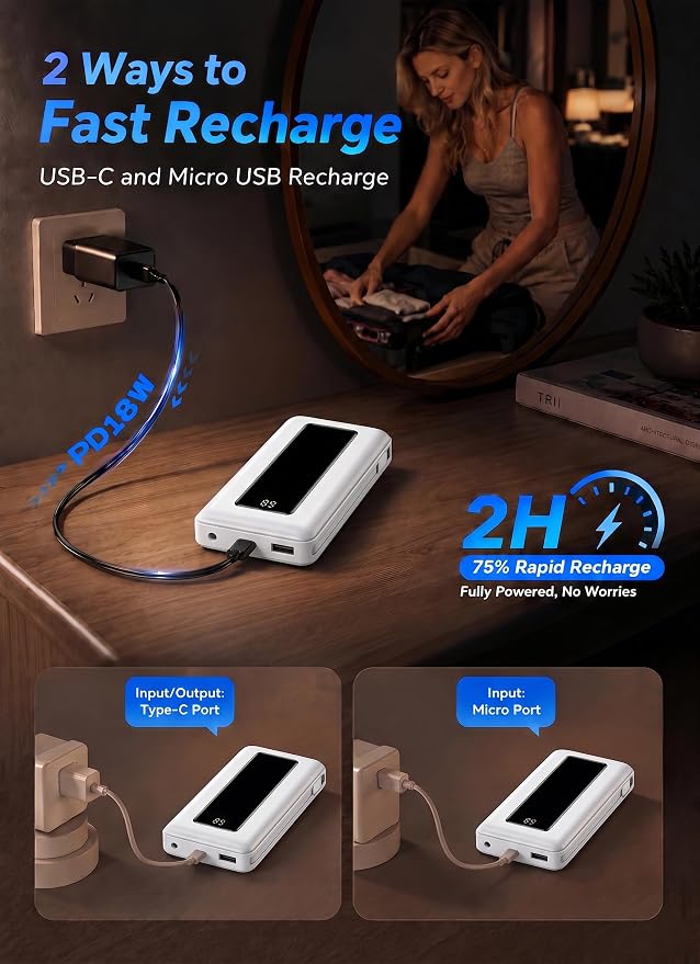 Power Bank, 50000mAh Travel Camping Essential Portable Charger with Built-in USB-C & iOS Cable, 22.5W PD Fast Charging Battery Pack, for iPhone 17/16/15, MacBook, Android – Pearl White