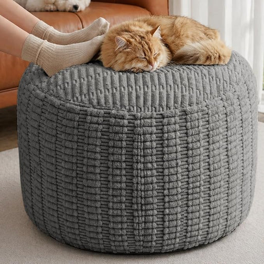 Large Round Pouf Ottoman Stuffed Corduroy Poufs Foot Rest with Foam Filling Fluffy Pouf Storage Foot Stools Ottoman Rest for Living Room Couch 26 X 18 Inches, Grey