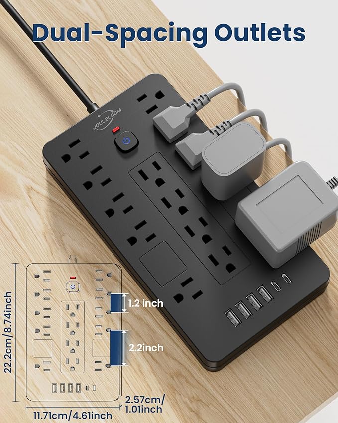JouleLoom 2 Pack Surge Protector Power Strip-14 Outlets and 6 USB Ports, 6 Feet Flat Plug Extension Cord, 1850 Joules, Black, ETL Listed for Home, Office, Dorm Room