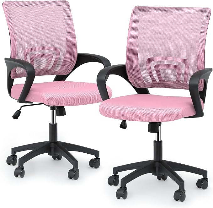 Magshion Ergonomic Office Chair Pack of 2, Mid-Back Mesh Desk Chair, Adjustable Swivel Computer Chair with Lumbar Support & Breathable Backrest for Gaming, Work, Study, 300 Lbs Capacity, Pink