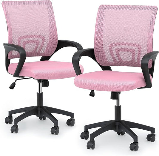 Magshion Ergonomic Office Chair Pack of 2, Mid-Back Mesh Desk Chair, Adjustable Swivel Computer Chair with Lumbar Support & Breathable Backrest for Gaming, Work, Study, 300 Lbs Capacity, Pink