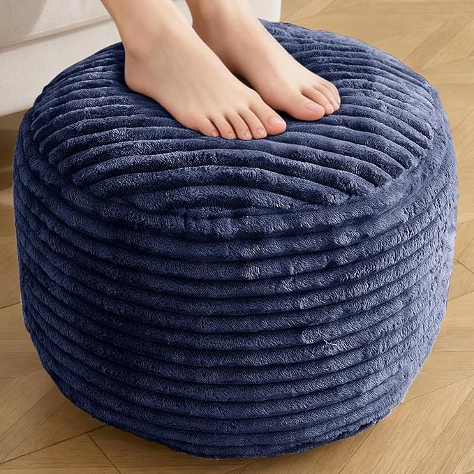 Round Ottoman,Corduroy Pouf Ottoman Foot Rest,Storage Footstool for Living Room,18x14 Soft Floor Poufs,Memory Foam Filling - Navy, 18x14 in