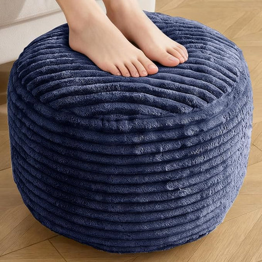 Round Ottoman,Corduroy Pouf Ottoman Foot Rest,Storage Footstool for Living Room,18x14 Soft Floor Poufs,Memory Foam Filling - Navy, 18x14 in