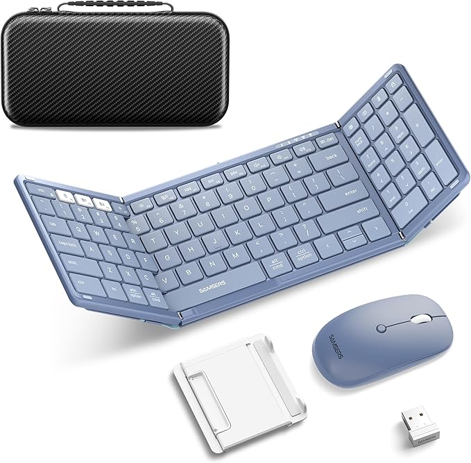 Foldable Keyboard and Mouse, Samsers Folding Bluetooth Keyboard Combo, 2.4G + BT5.0 x 2, Full-Size Portable Travel Keyboard & Rechargeable Wireless Mouse for Windows Android iOS Mac OS, Young Blue