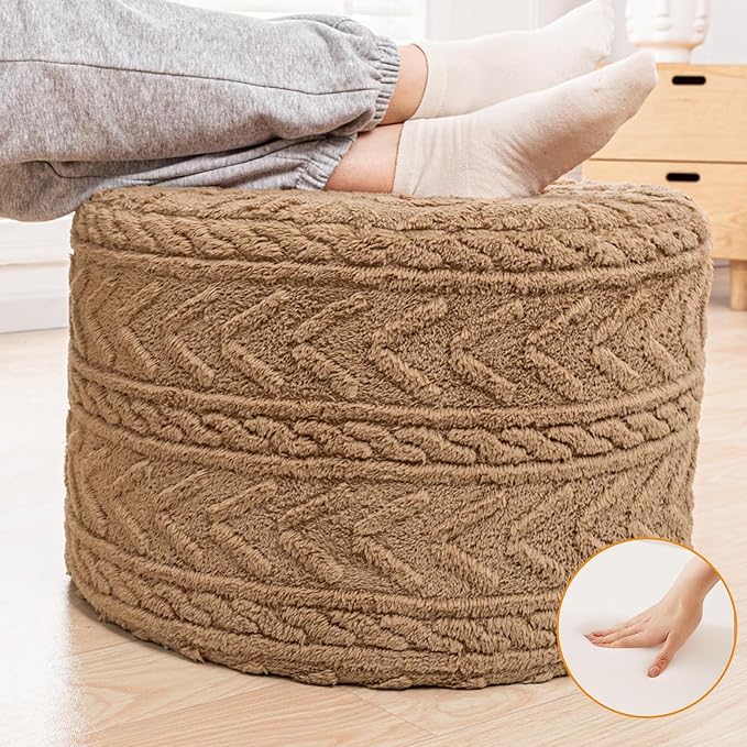 Boucle Pouf Ottoman and Foot Rest 20 x 20 x 14 Inches Floor Pouf Boho Foot Stool Home Decor for Couch Sofa Bean Bag Chairs Light Coffee