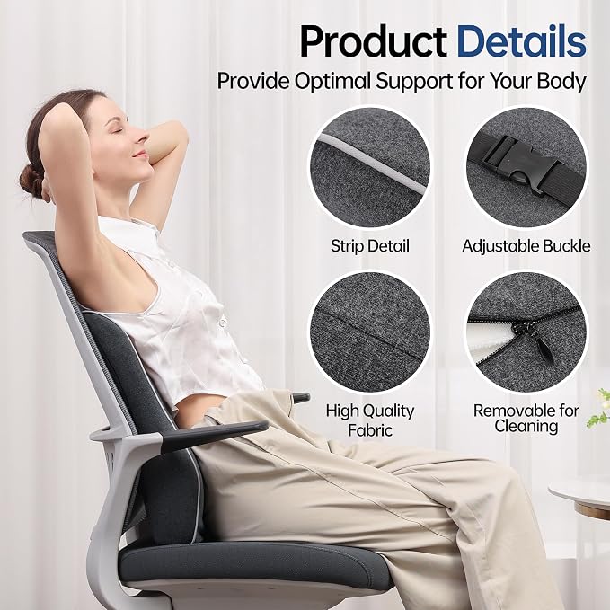 Lumbar Support Pillow for Office Chair Car Seat Gaming Chair, Memory Foam Back Support Pillow, Lumbar Cushion Back Cushion for Lower Back Pain Relief, Adjustable Strap Washable Cover-Dark Grey