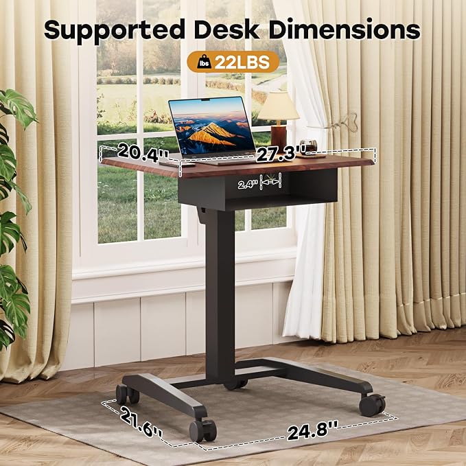 JOY worker Height Adjustable Rolling Laptop Desk with Shelf,Mobile Standing Desk,Pneumatic Mobile Laptop Table with Wheels for Couch Home Office School,Holds Up to 22lbs,Dark Walnut