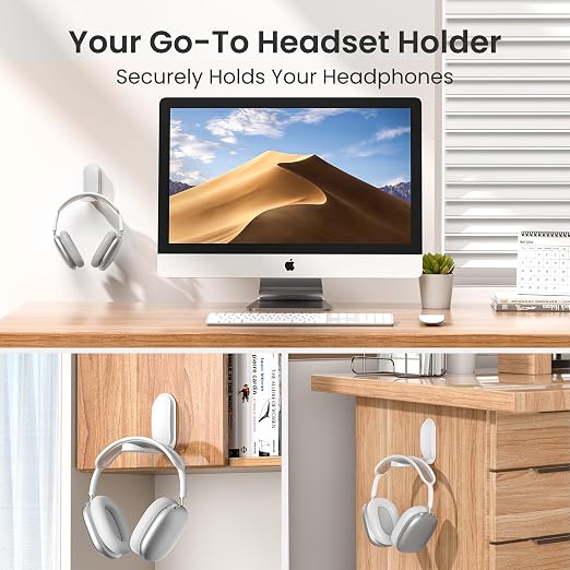 Itramax Wall Mount Headphone Hanger,Adhesive Headset Holder for Desk,2 Pack Foldable Headphone Monitor Stand Holder,Sticky PC Gaming Headset Earphone Hook for AirPods Max,HyperX,Sennheiser,Xbox-White