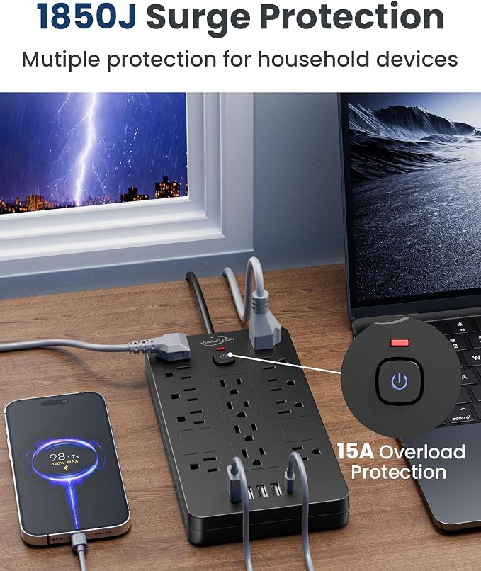 JouleLoom Surge Protector Power Strip-14 Outlets and 6 USB Ports, 10 Feet Flat Plug Extension Cord, 1850 Joules, Black, ETL Listed for Home, Office, Dorm Room