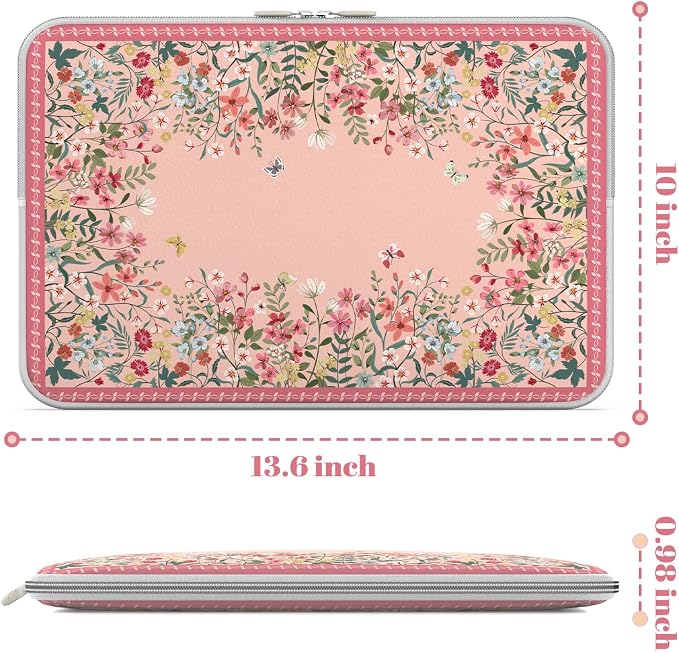 iCasso Pink Laptop Bag 13 inch,Cute Computer Sleeve Bag for Women,13-13.6 inch Laptop Carrying Case Compatible with MacBook Neo/Air/Pro 13-14 Sleeve, HP Dell ASUS Lenovo Chromebook Notebook,Floral