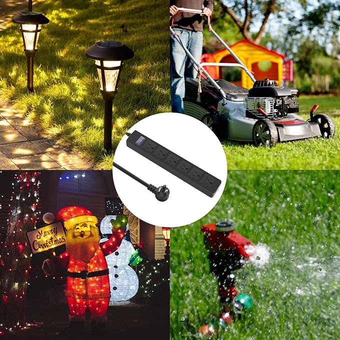 Outdoor Power Strip Waterproof with 6 Outlets, Garden Weatherproof Surge Protector, Christmas Multiple Outlet Exterior Socket for Lighting Appliances. 15FT Extension Cord Strip with Flat Plug. Black