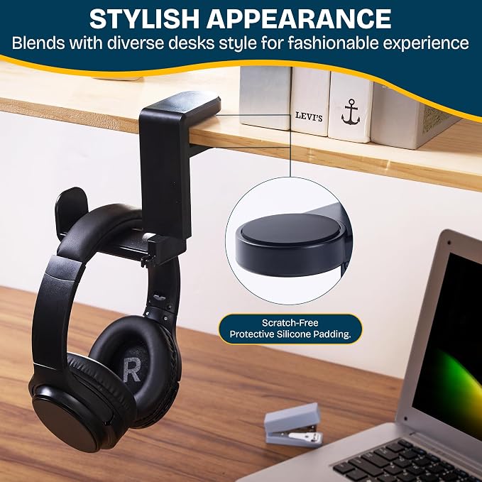 Headphone Stand for Desk - Clamp On Headset Holder with 360° Rotation & Cable Management - Universal Desktop Headphone Hanger Hook for All Headsets