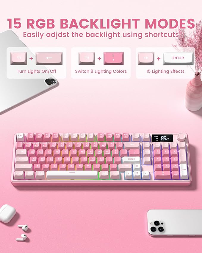 Keymatic Gaming Keyboard Wireless Creamy Keyboard with Media Knob & Screen Cute Keyboard Mechanical Feeling Membrane Keyboard with Number Pad RGB Backlit Tri-Mode BT/2.4GHz/USB-C - Pink