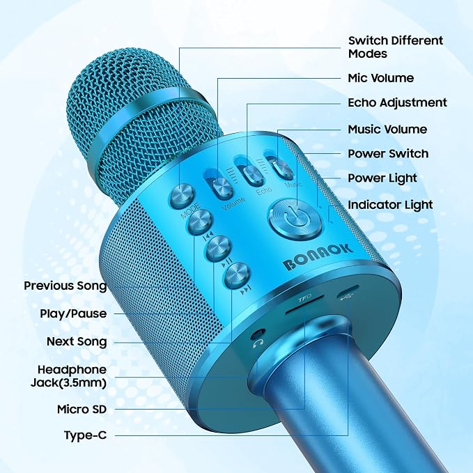 BONAOK Wireless Bluetooth Karaoke Microphone,3-in-1 Portable Handheld Karaoke Mic Speaker Machine Birthday Home Party for PC or All Smartphone (Q37 Blue)