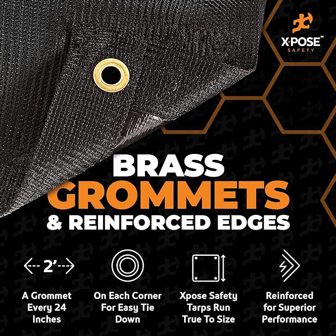 Xpose Safety Heavy Duty Mesh Tarp 16' x 24' – Multipurpose Black Protective Cover with Air Flow - Use for Tie Downs, Shade, Fences, Canopies, Dump Trucks – Weather and Tear Resistant
