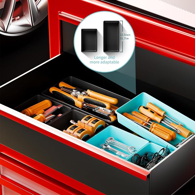 [5 Sizes] [69 PCS] Tool Drawer Organizer, Tool Box Desk Drawer Tray, Rolling Tool Chest, Toolbox Organizer (Black+ Sky Blue)