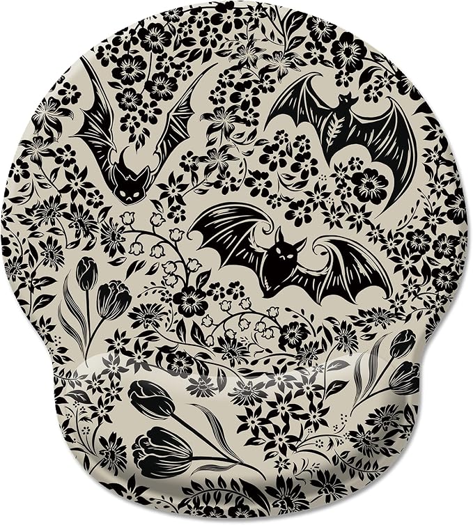Hancynir Goth Bat Floral Ergonomic Mouse Pad with Wrist Rest, Gothic Flowers Gaming Mousepad Wrist Support, Funny Computer Mouse Pad with Non-Slip PU Base for Desk Accessories Office Decor Supplies