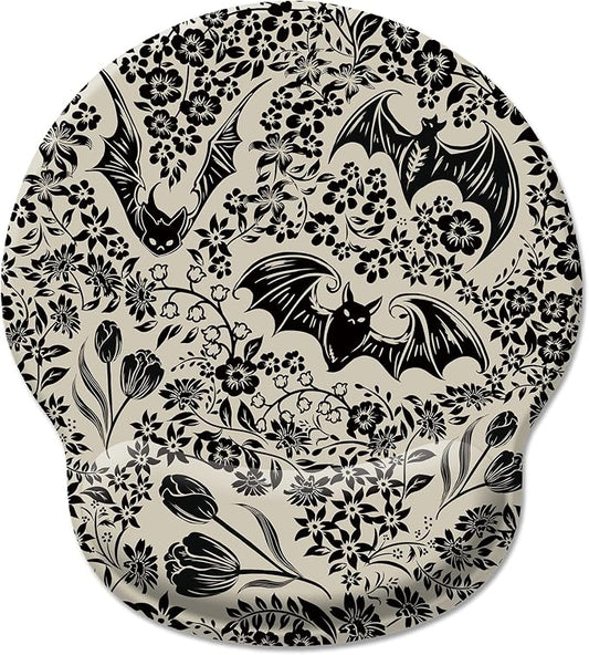 Hancynir Goth Bat Floral Ergonomic Mouse Pad with Wrist Rest, Gothic Flowers Gaming Mousepad Wrist Support, Funny Computer Mouse Pad with Non-Slip PU Base for Desk Accessories Office Decor Supplies