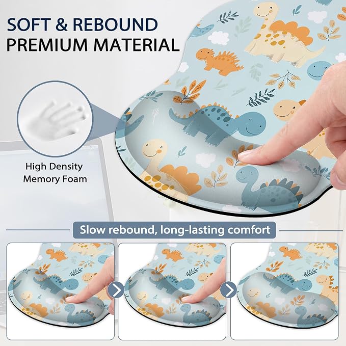 Ergonomic Memory Foam Wrist Rest Set for Keyboard and Mouse,Cute Dinosaur Supportive Mouse Pad with Non Slip Base for Office Work and Gaming