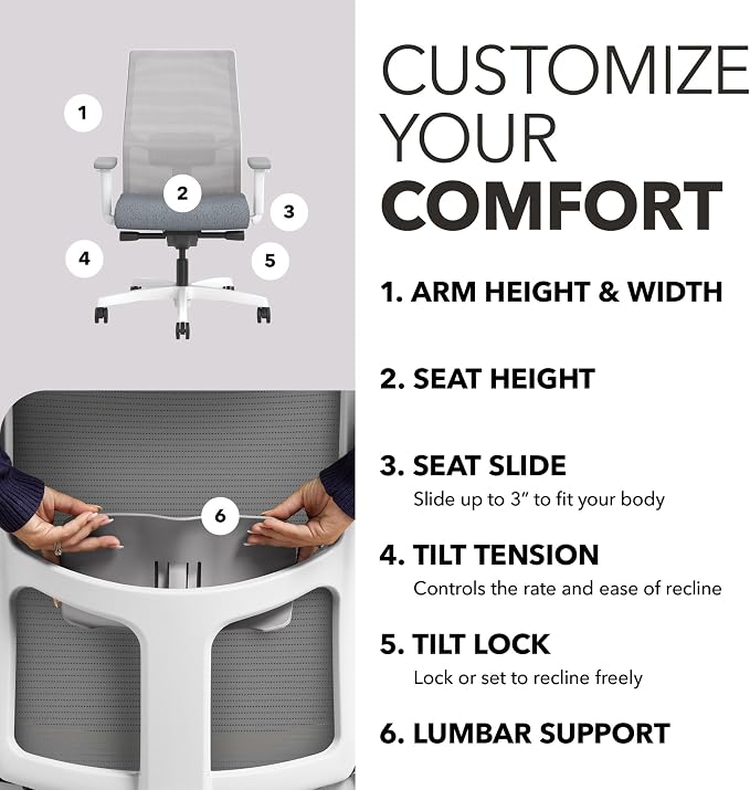 HON Ignition 2.0 Mid‑Back Ergonomic Office Chair with Lumbar Support, Advanced Synchro‑Tilt, Adjustable Arms, Mesh Desk Chair for Home Office, White Frame, Fog