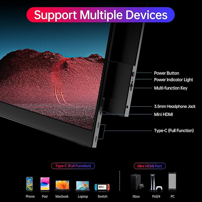 ForHelp True 4K Portable Monitor - 15.6inch UHD 3840×2160 100% sRGB USB-C HDMI External Second Monitor Portable IPS Screen Computer Display with Speakers for Laptop MacBook Switch PS5/4 Xbox