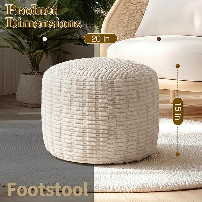 Round Corduroy Ottoman Foot Rest Pouf for Living Room Couch - Soft Plush Shredded Foam Filled Hassock Stool, Comfy Footstool for Adults (Cream - Chunky Corduroy, 20 INCH×15 INCH)