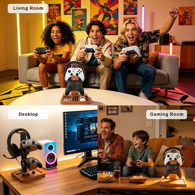 Headset Stand with Dual Controller Holder, Solid Wood Headphone Stand with Storage Base, Gaming Equipment Accessories for Desk