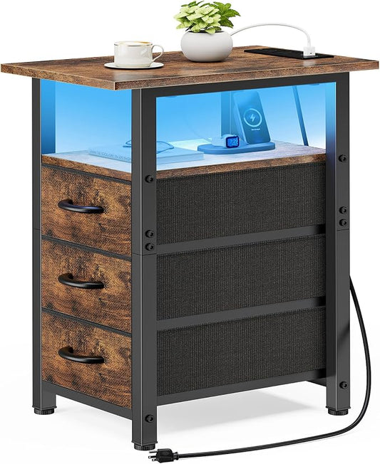 Vagusicc Nightstand with Charging Station and LED Lights, Narrow End Table, LED Night Stand with 3 Fabric Drawers for Bedroom, Small Bedside Table, Narrow Side Table for Small Spaces, Rustic Brown