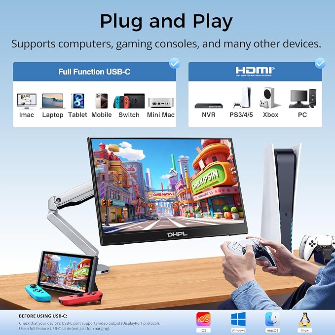 Portable Monitor, 15.6-inch FHD 1080P 60Hz IPS Screen, Laptop Screen Extension, USB-C/HDMI Ports, VESA Mount Support, Compatible with Laptops/PCs/MacBook/Switch/PS4/5/Xbox