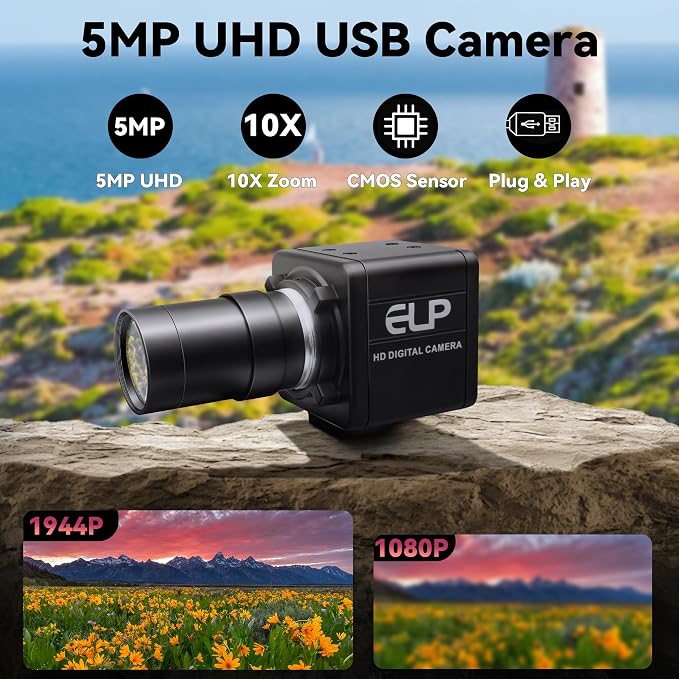 MMlove USB Camera 5MP HD Webcam 5-50mm Manual 10X Varifocus Zoom Lens Lightburn Camera with CMOS OV5640 Sensor for Skype/Zoom/FaceTime/Hangouts,PC/Laptop/Raspberry Pi Free Driver UVC