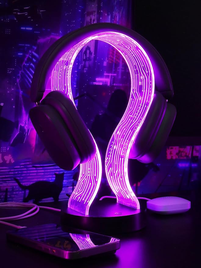 CoolGift Mart Light Up Headphone Stand with 16 Color Lights, PCB Pattern Acrylic Headset Stand with 1 USB and 1 Type-C Charging Ports, Gifts for Gamers Men Boy Father Dad and DJ Music Lovers