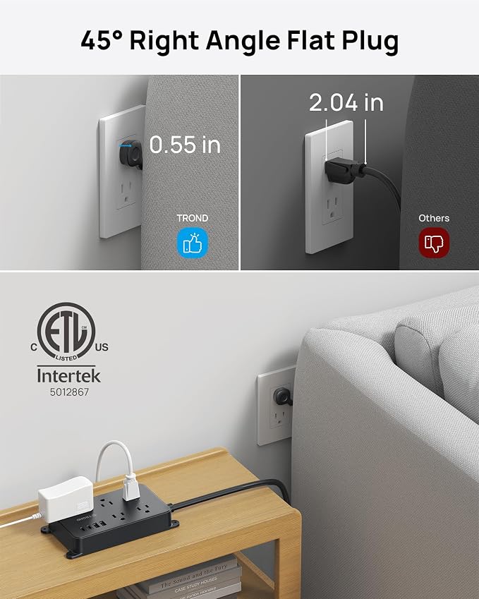 TROND Surge Protector Power Strip, 15ft Long Extension Cord, ETL Listed, 5 Widely Spaced AC Outlets, 2 USB A and 2 USB C, 1300J, Low-Profile Flat Plug, Wall Mountable, for Kitchen Office, Black