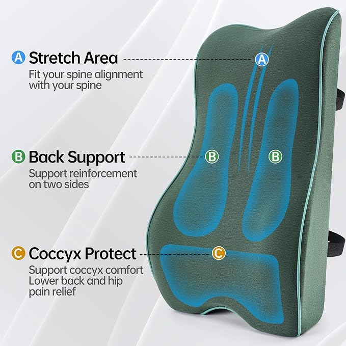 Lumbar Support Pillow for Office Chair Car Seat Gaming Chair, Memory Foam Back Support Pillow, Lumbar Cushion Back Cushion for Lower Back Pain Relief, Adjustable Strap Washable Cover-Dark Green