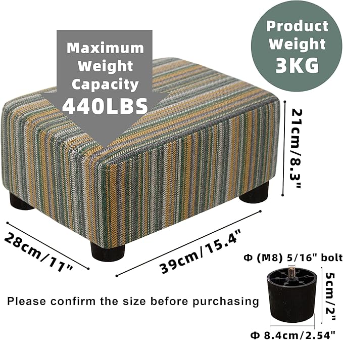 CAROLMADE Small Foot Stool Ottoman Footstool with Legs Under Desk Footrest for Living Room Bedroom and Office,Linen-Stripe Green