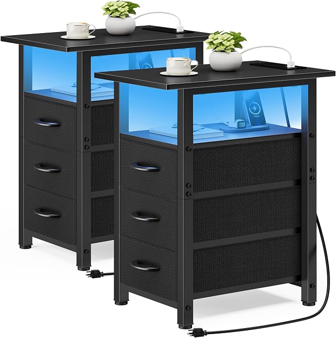 Vagusicc Set of 2 Black Nightstand with Charging Station and LED Lights, Narrow End Table, LED Night Stand with 3 Fabric Drawers for Bedroom, Small Bedside Table, Narrow Side Table for Small Spaces